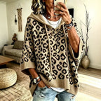 Hoodie Damen beige figurbetont mit Kapuze und Leopardenmuster - 1 - Atelier-Zofia