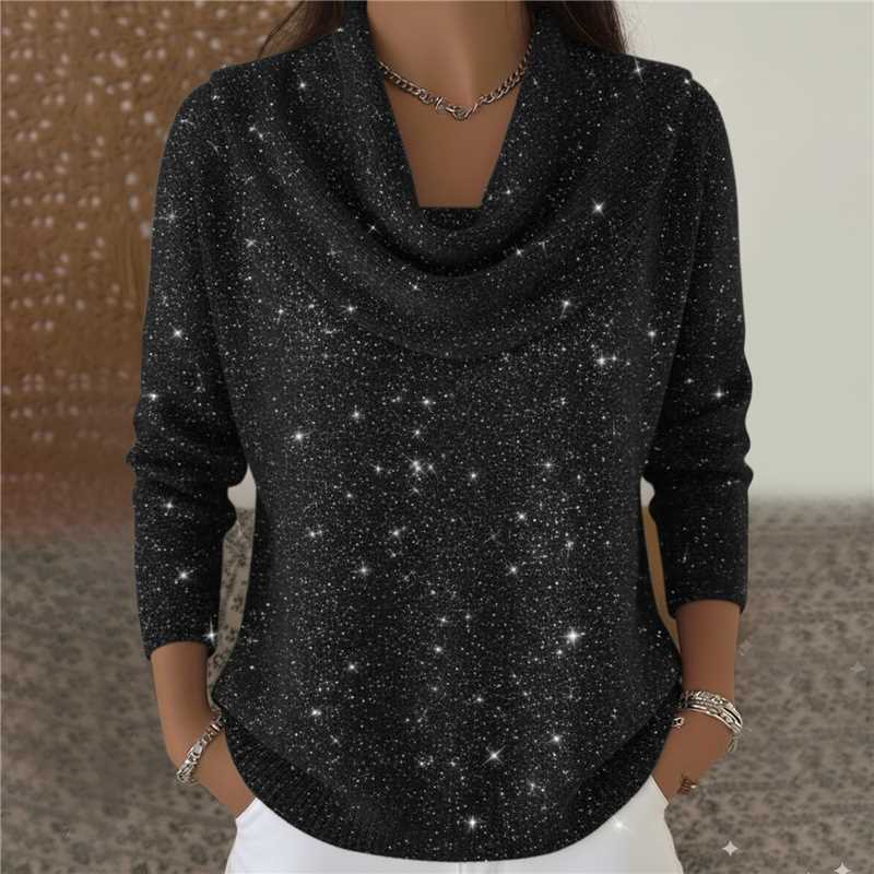Pullover Damen schwarz mit weitem Wasserfallausschnitt und 3/4-Ärmeln - 1 - Atelier-Zofia