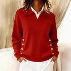 Pullover Damen rot lässig mit Umlegekragen und Knopfdetails - 1 - Atelier-Zofia