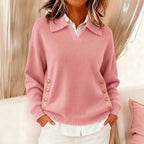 Pullover Damen rot lässig mit Umlegekragen und Knopfdetails - 2 - Atelier-Zofia