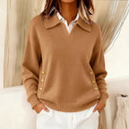 Pullover Damen rot lässig mit Umlegekragen und Knopfdetails - 4 - Atelier-Zofia