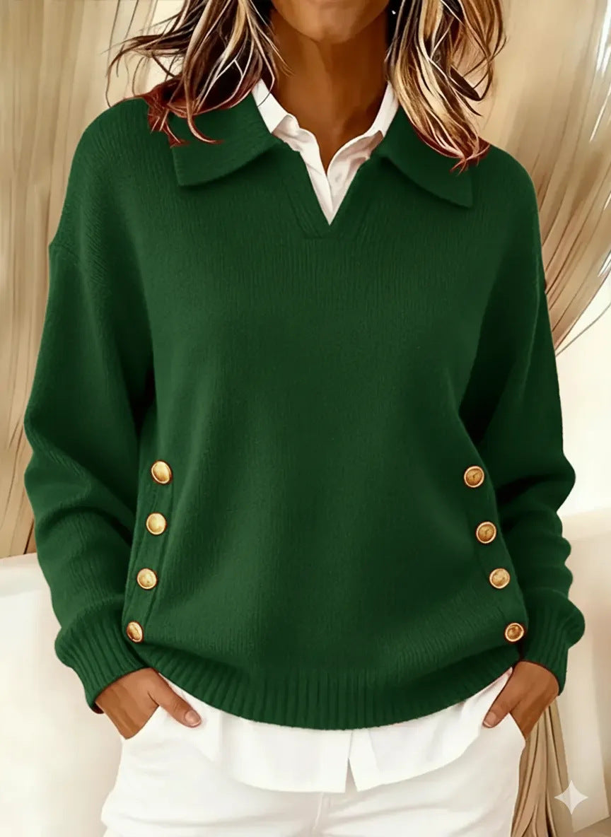 Pullover Damen rot lässig mit Umlegekragen und Knopfdetails - 6 - Atelier-Zofia