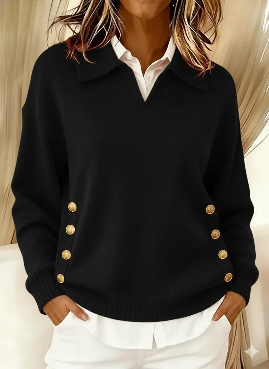 Pullover Damen rot lässig mit Umlegekragen und Knopfdetails - 8 - Atelier-Zofia