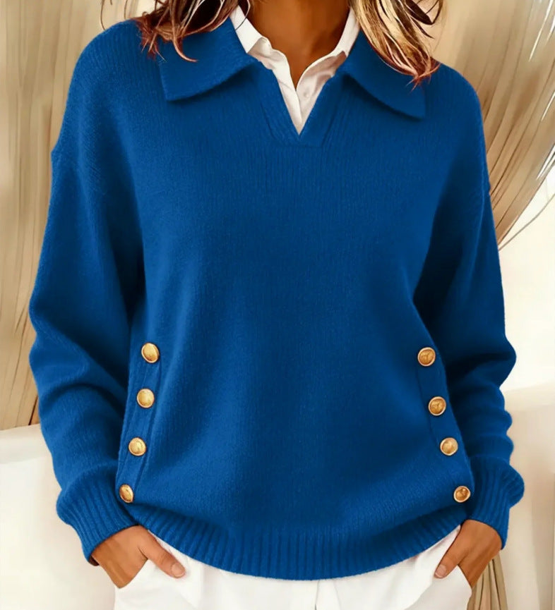 Pullover Damen rot lässig mit Umlegekragen und Knopfdetails - 9 - Atelier-Zofia
