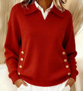 Pullover Damen rot lässig mit Umlegekragen und Knopfdetails - 10 - Atelier-Zofia