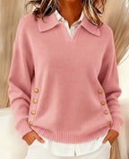 Pullover Damen rot lässig mit Umlegekragen und Knopfdetails - 11 - Atelier-Zofia