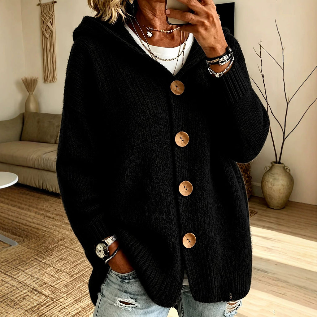 Cardigan Damen rot lässig mit Kapuze und Knopfverschluss - 6 - Atelier-Zofia