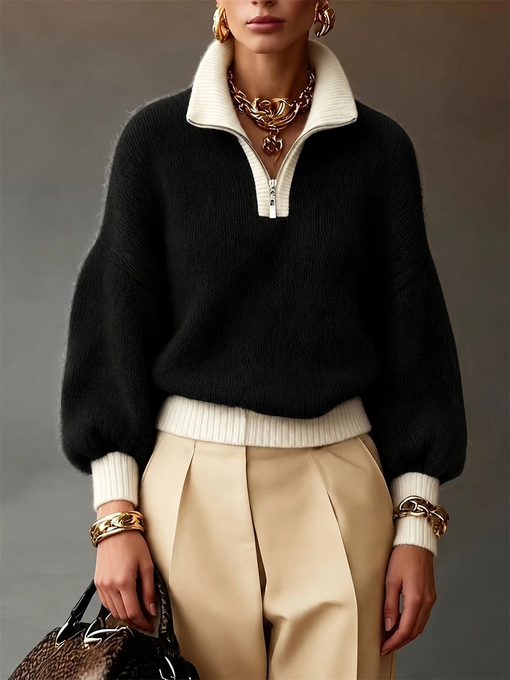 Pullover Damen schwarz mit Stehkragen und Reißverschluss - 1 - Atelier-Zofia