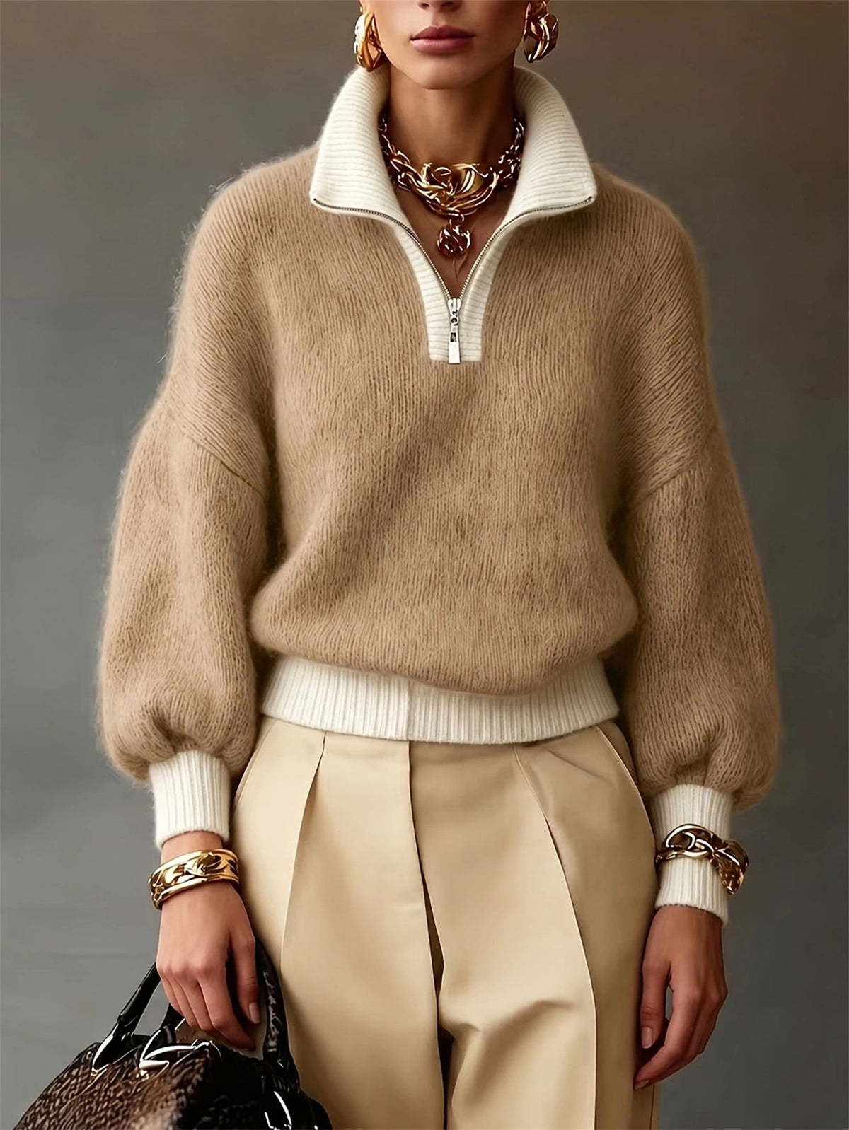 Pullover Damen schwarz mit Stehkragen und Reißverschluss - 3 - Atelier-Zofia