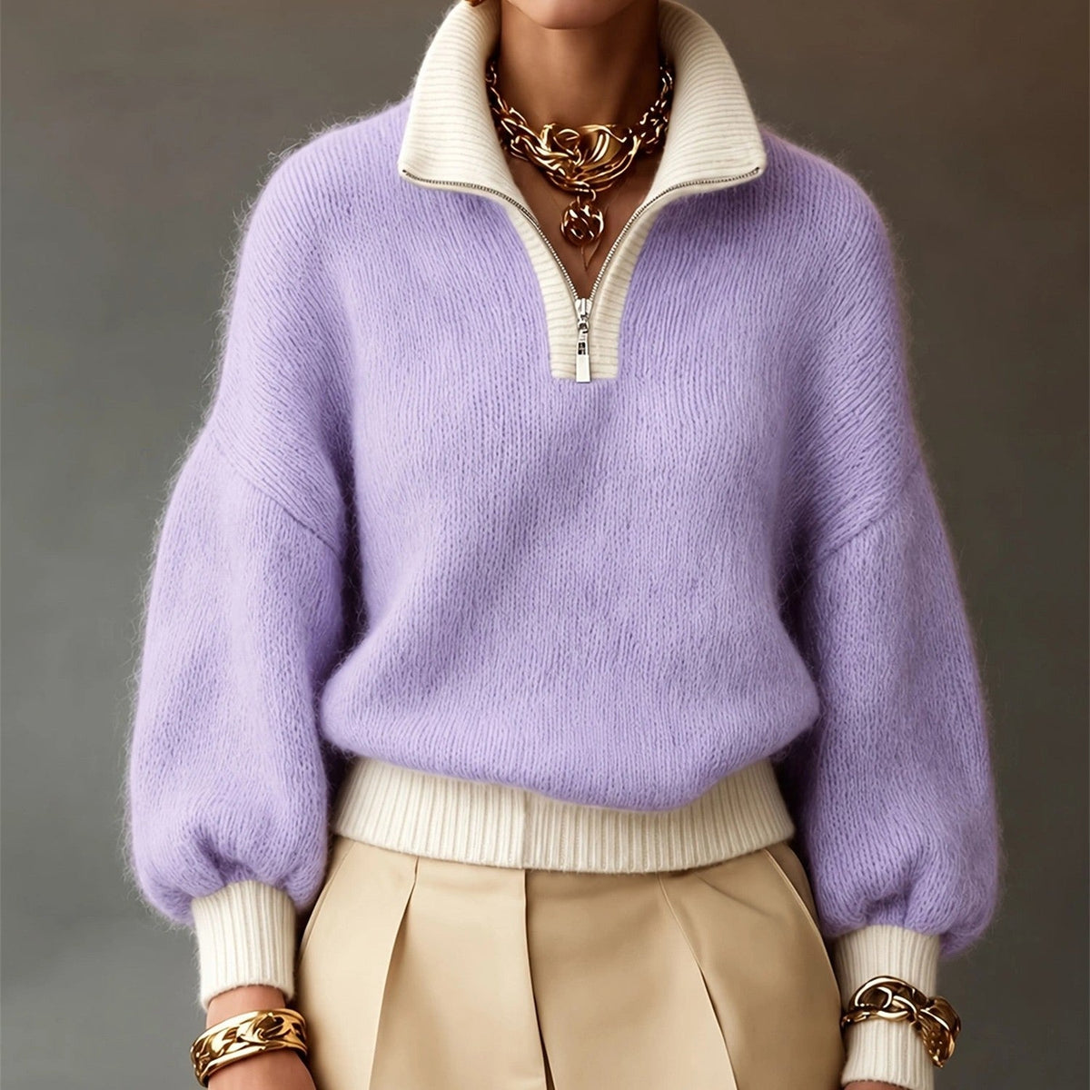 Pullover Damen schwarz mit Stehkragen und Reißverschluss - 6 - Atelier-Zofia