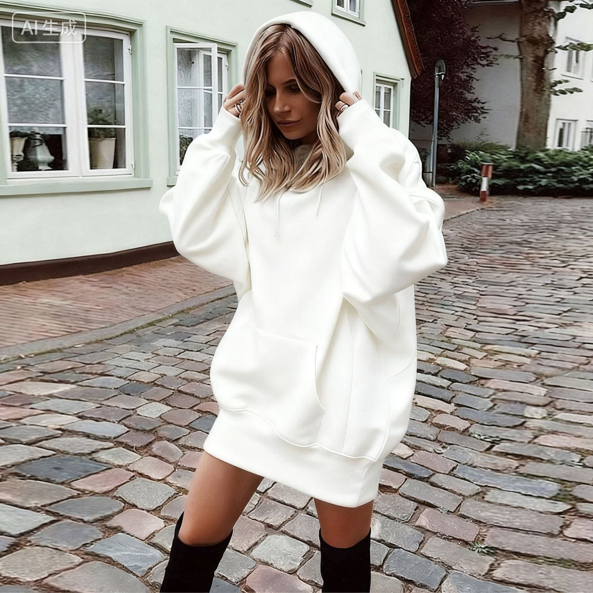 Hoodie Damen schwarz oversized mit Kapuze und Kängurutasche - 4 - Atelier-Zofia