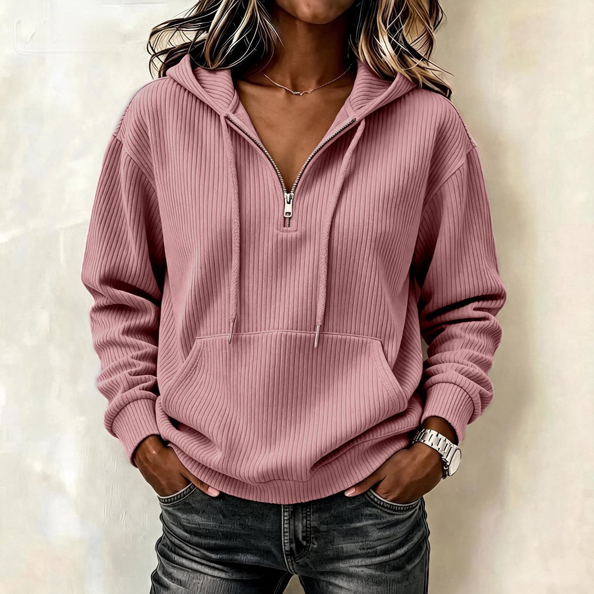 Hoodie Damen blau lässig mit Zip und Kapuze - 3 - Atelier-Zofia