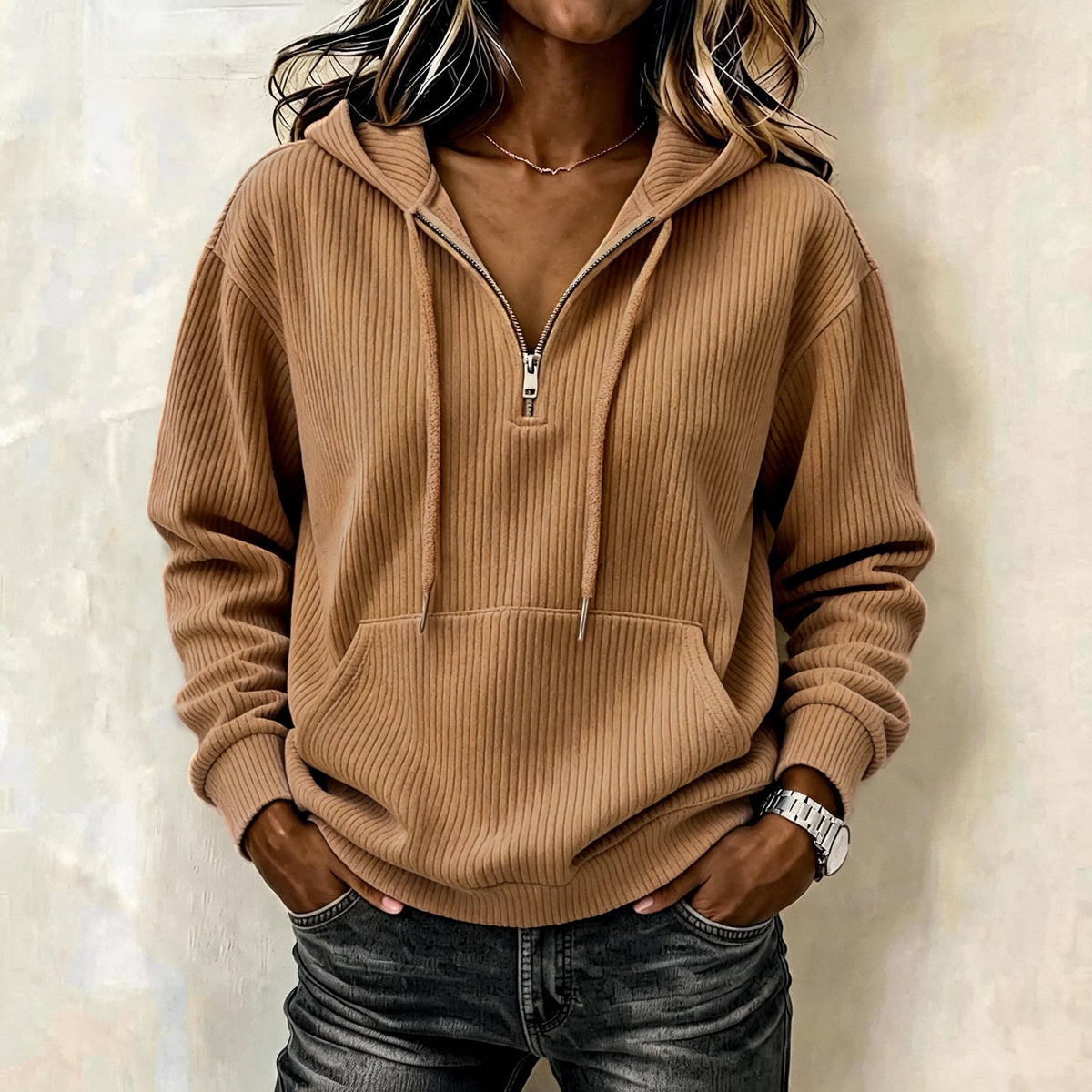 Hoodie Damen blau lässig mit Zip und Kapuze - 6 - Atelier-Zofia