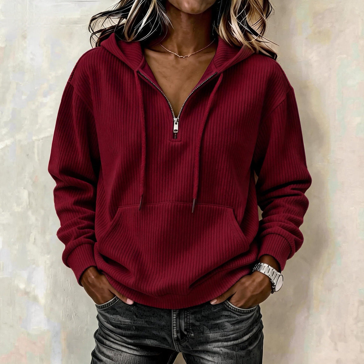 Hoodie Damen blau lässig mit Zip und Kapuze - 7 - Atelier-Zofia
