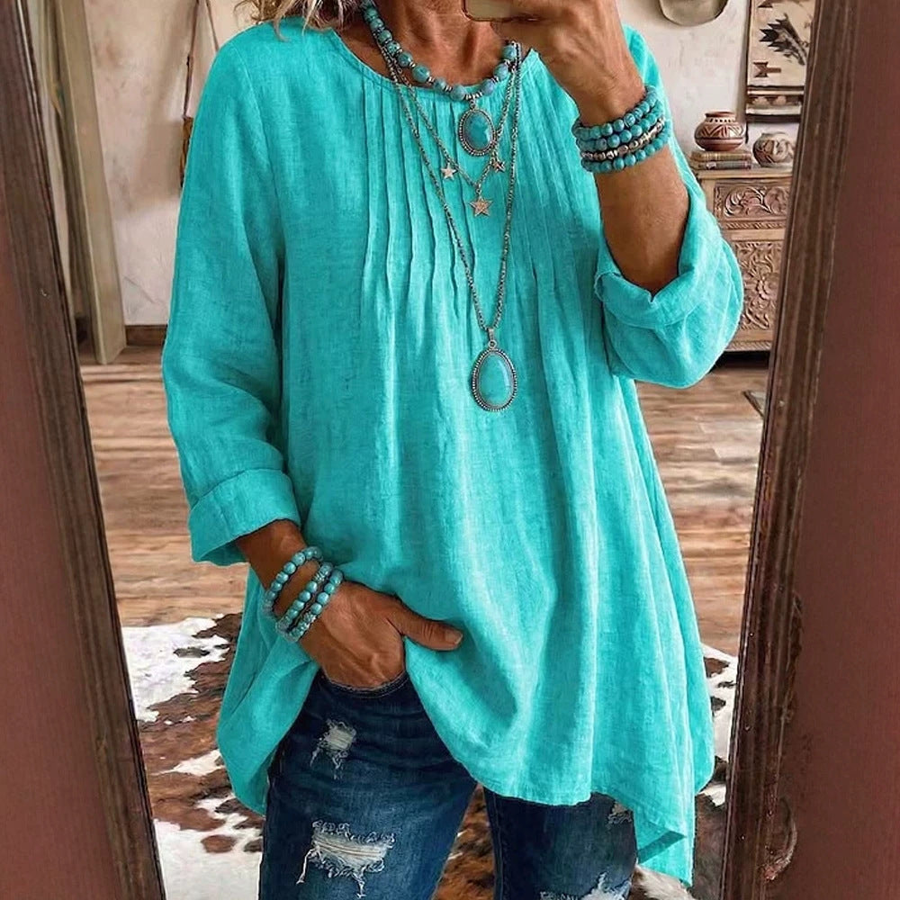 Bluse Damen türkis tailliert mit langen Ärmeln und Falten - 1 - Atelier-Zofia