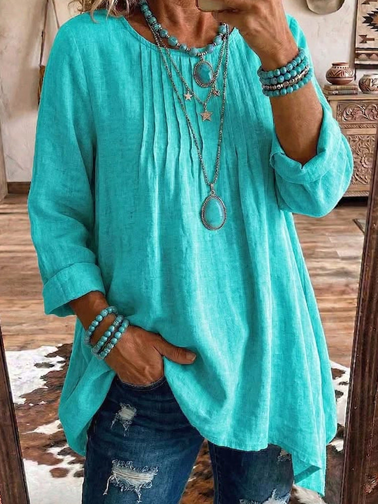Bluse Damen türkis tailliert mit langen Ärmeln und Falten - 10 - Atelier-Zofia