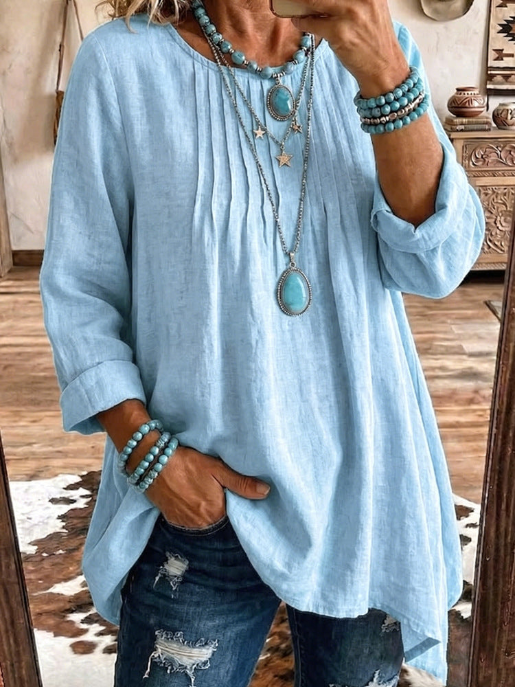 Bluse Damen türkis tailliert mit langen Ärmeln und Falten - 11 - Atelier-Zofia