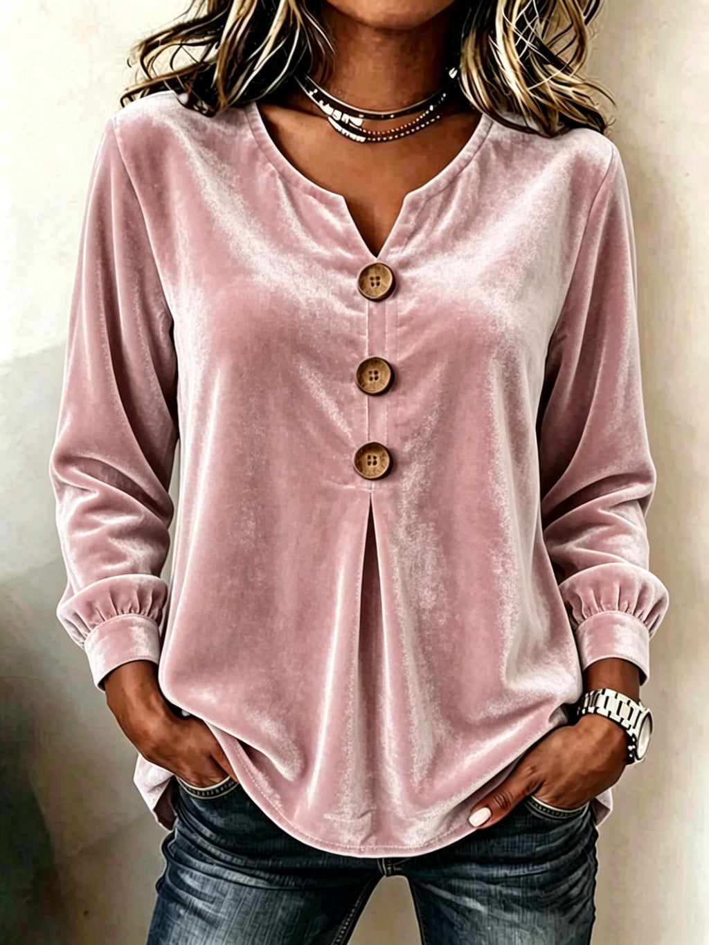 Bluse Damen beige tailliert mit Knopfdetails - 6 - Atelier-Zofia