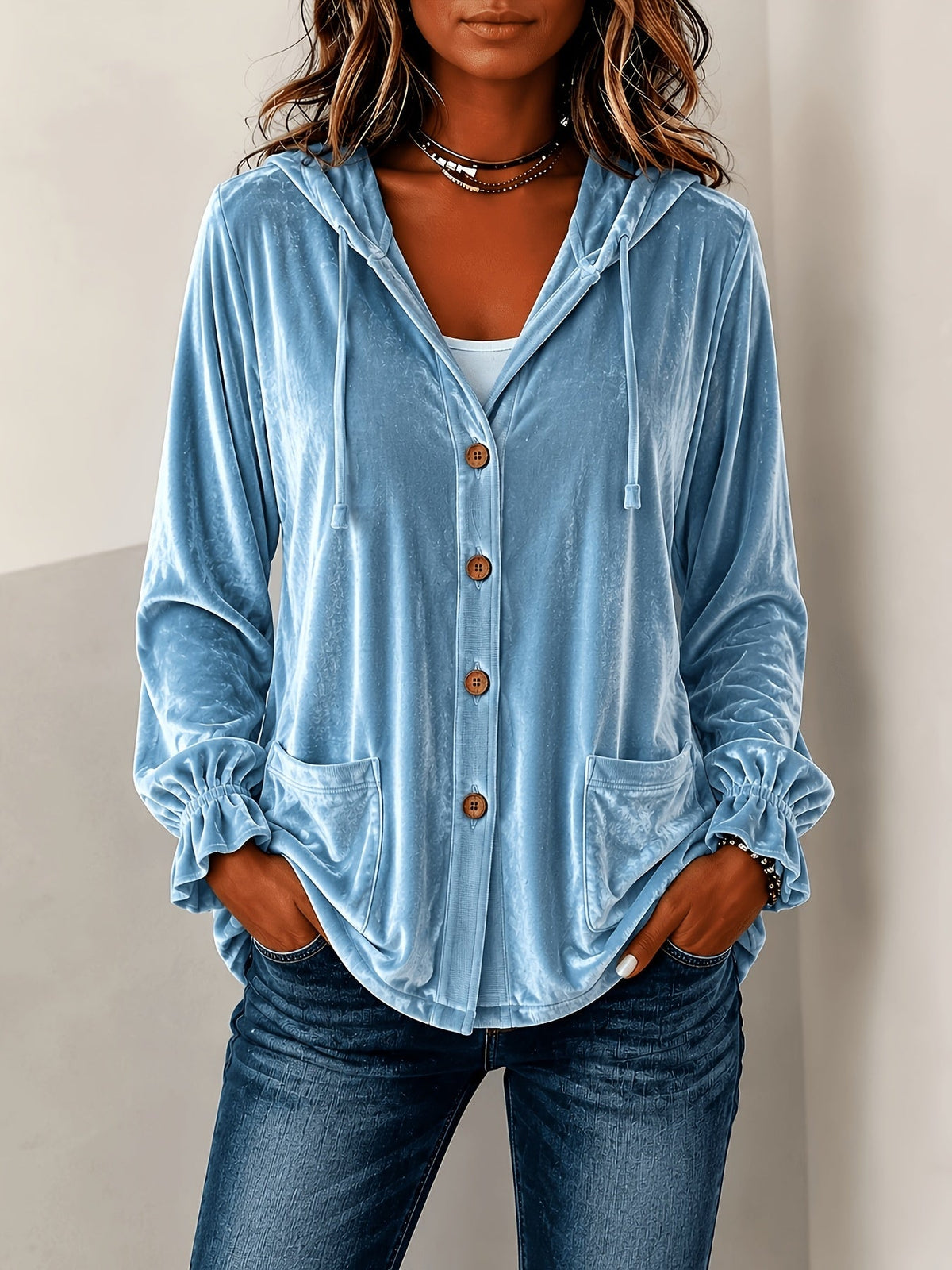 Damenjacke blau lässig mit Kapuze und Knopfverschluss - 1 - Atelier-Zofia