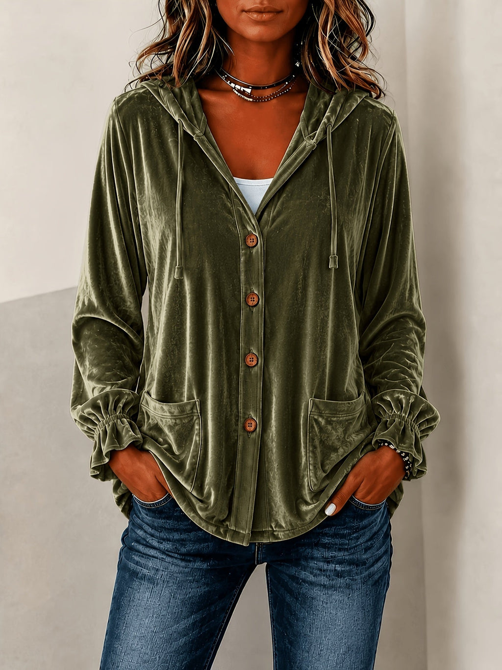 Damenjacke blau lässig mit Kapuze und Knopfverschluss - 2 - Atelier-Zofia