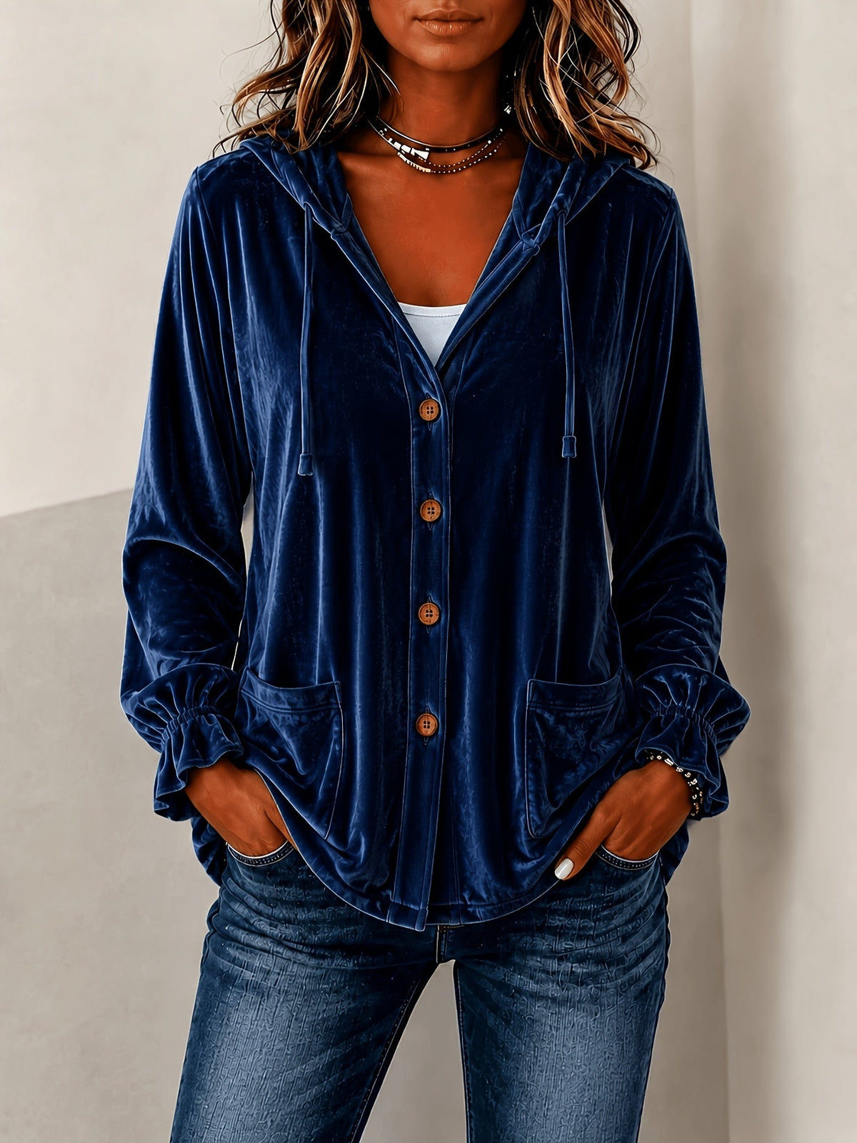 Damenjacke blau lässig mit Kapuze und Knopfverschluss - 3 - Atelier-Zofia