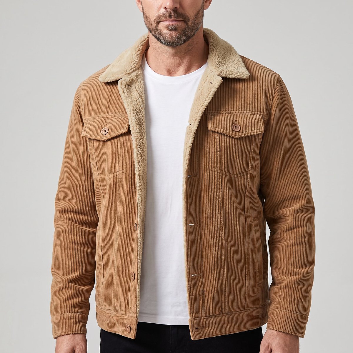 Jacket Herren braun tailliert mit Sherpa-Kragen - 1 - Atelier-Zofia