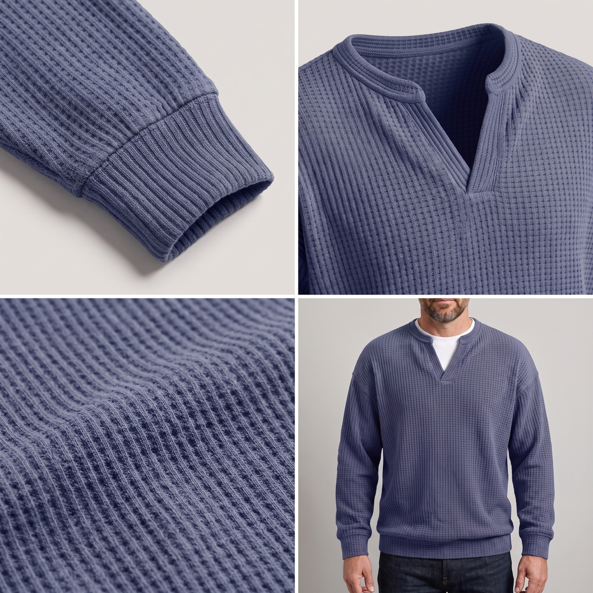 Sweater Herren blau mit V-Ausschnitt und strukturiertem Design - 3 - Atelier-Zofia