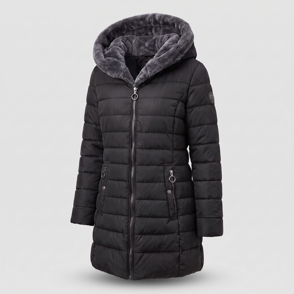 Winterjacke Damen schwarz tailliert mit Kapuze und Fleece-Futter - 4 - Atelier-Zofia