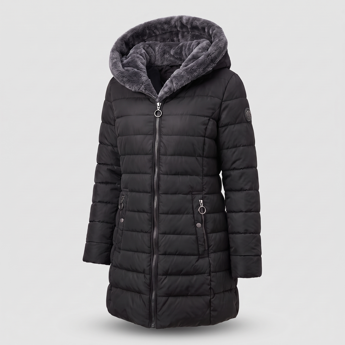 Winterjacke Damen schwarz tailliert mit Kapuze und Fleece-Futter - 4 - Atelier-Zofia