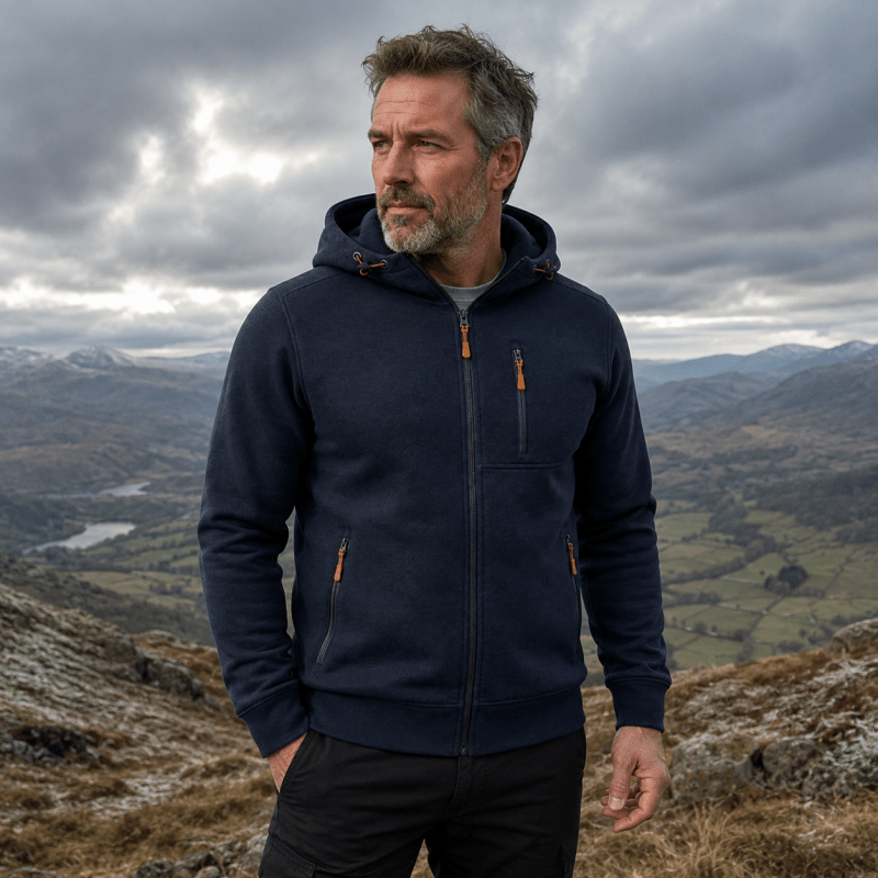 Hoodie Herren blau mit praktischen Taschen und Kapuze - 12 - Atelier-Zofia