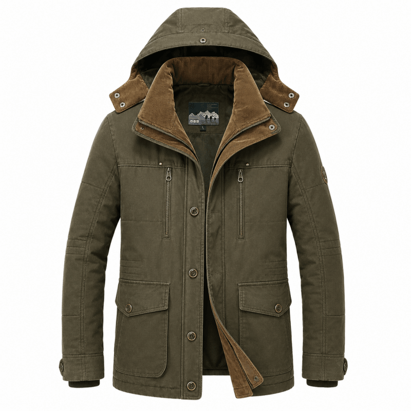 Jacke Herren grün tailliert mit Kapuze und praktischen Taschen - 1 - Atelier-Zofia