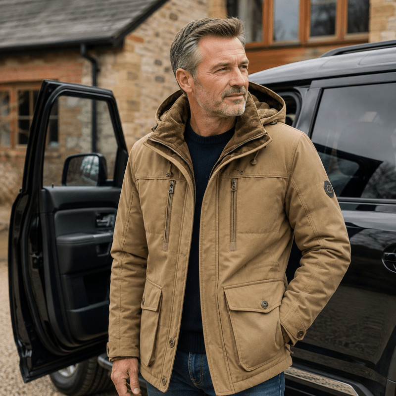 Jacke Herren grün tailliert mit Kapuze und praktischen Taschen - 4 - Atelier-Zofia