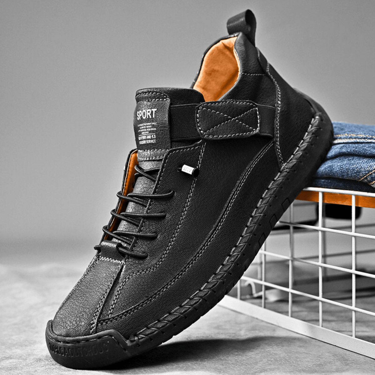 Casual Schuhe Herren schwarz mit Klettverschluss und Schnürung - 3 - Atelier-Zofia