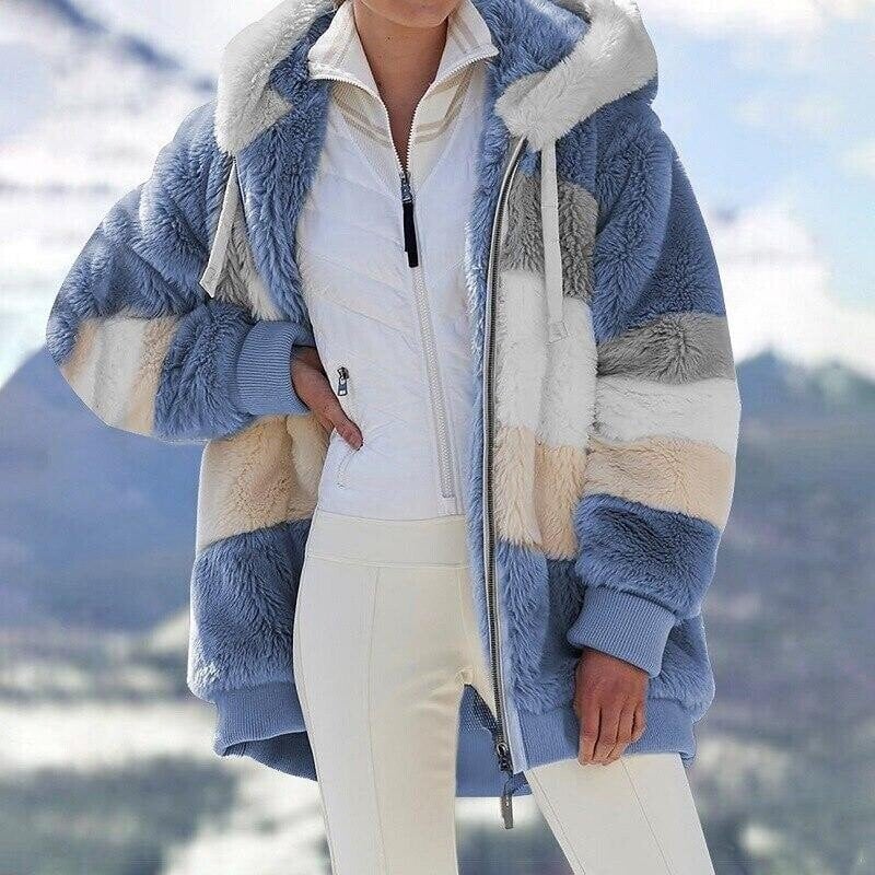 Faux Fur Mantel Damen rot oversized mit Kapuze und Reißverschluss - 1 - Atelier-Zofia