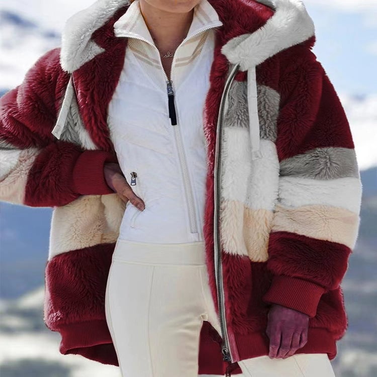 Faux Fur Mantel Damen rot oversized mit Kapuze und Reißverschluss - 2 - Atelier-Zofia