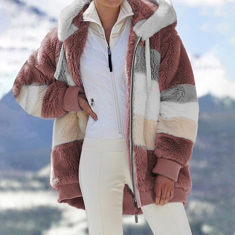 Faux Fur Mantel Damen rot oversized mit Kapuze und Reißverschluss - 3 - Atelier-Zofia