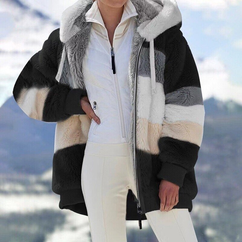 Faux Fur Mantel Damen rot oversized mit Kapuze und Reißverschluss - 5 - Atelier-Zofia