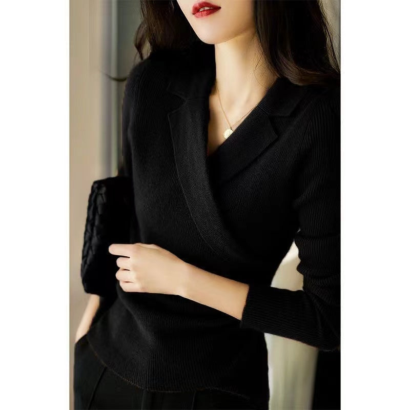 Pullover Damen rot figurbetont mit Reverskragen - 4 - Atelier-Zofia