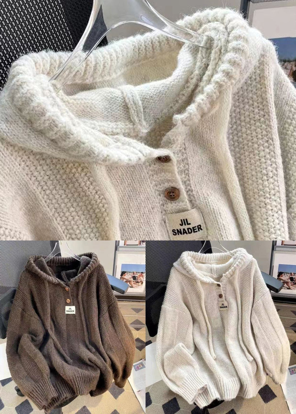 Pullover Damen braun oversize mit Kapuze und Knopfverschluss - 5 - Atelier-Zofia