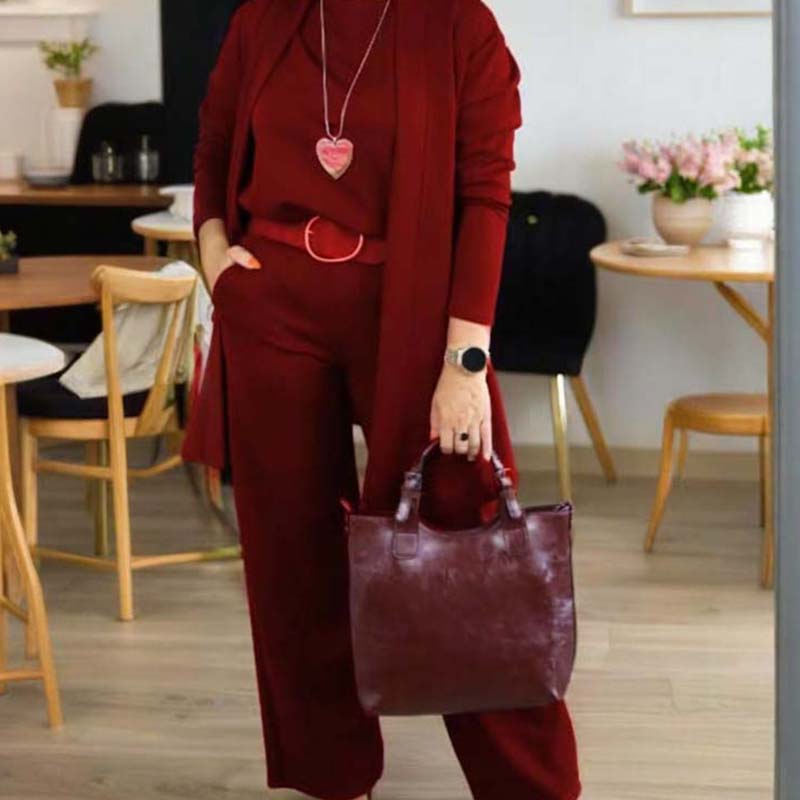 Outfit Damen beige tailliert mit Cardigan und weitem Schnitt - 5 - Atelier-Zofia