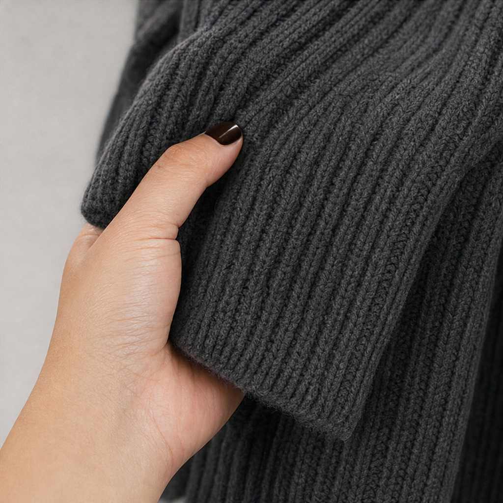Kleid Damen grau figurbetont mit Stehkragen und langen Ärmeln - 10 - Atelier-Zofia