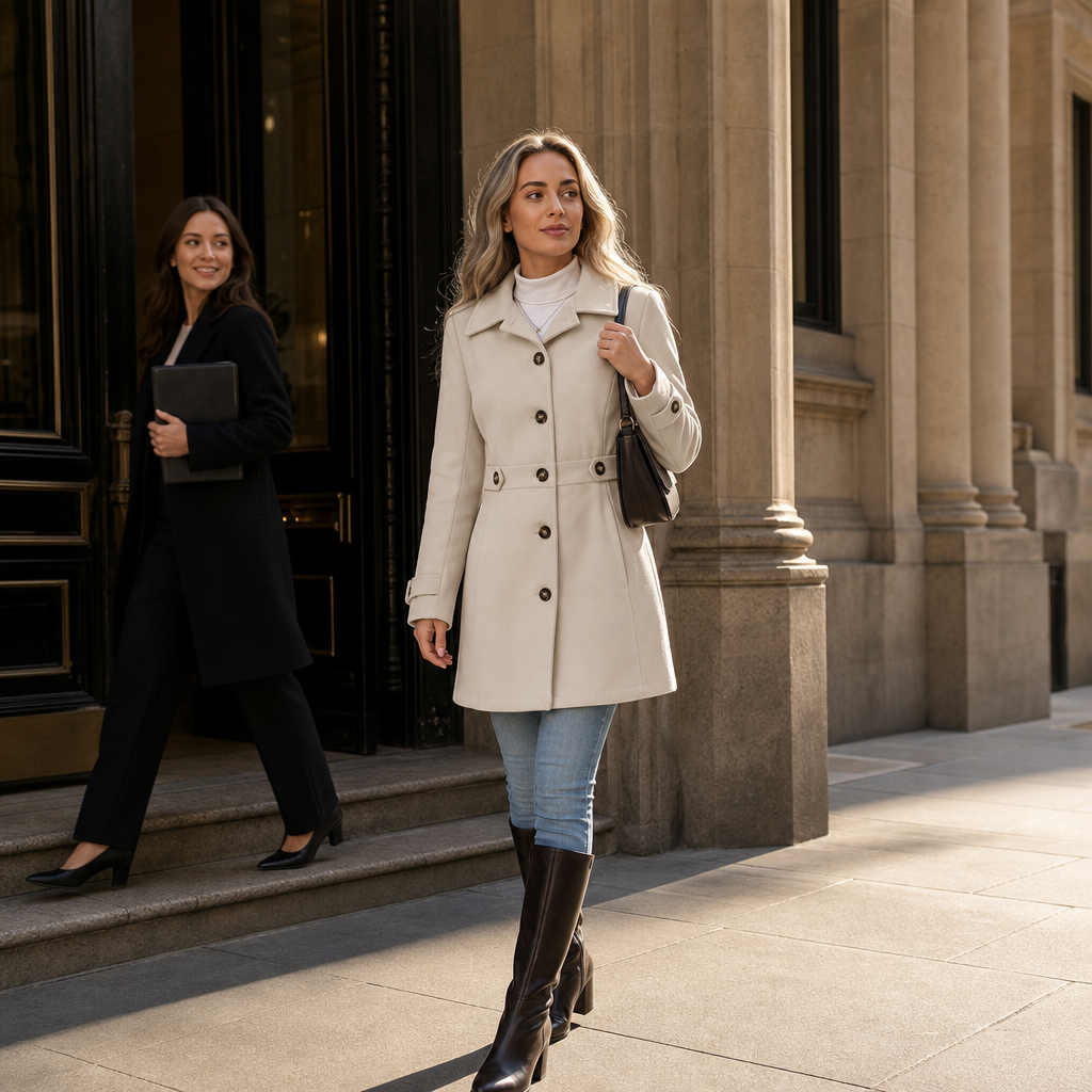 Mantel Damen creme tailliert mit Gürtel und Knopfleiste - 3 - Atelier-Zofia