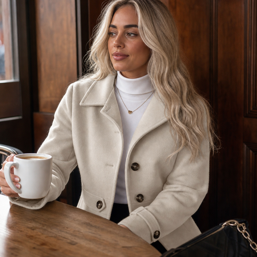 Mantel Damen creme tailliert mit Gürtel und Knopfleiste - 4 - Atelier-Zofia