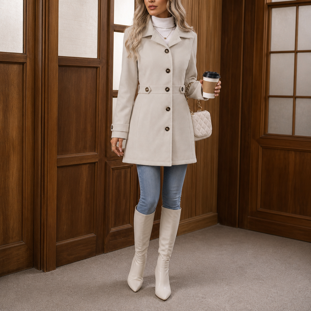 Mantel Damen creme tailliert mit Gürtel und Knopfleiste - 5 - Atelier-Zofia