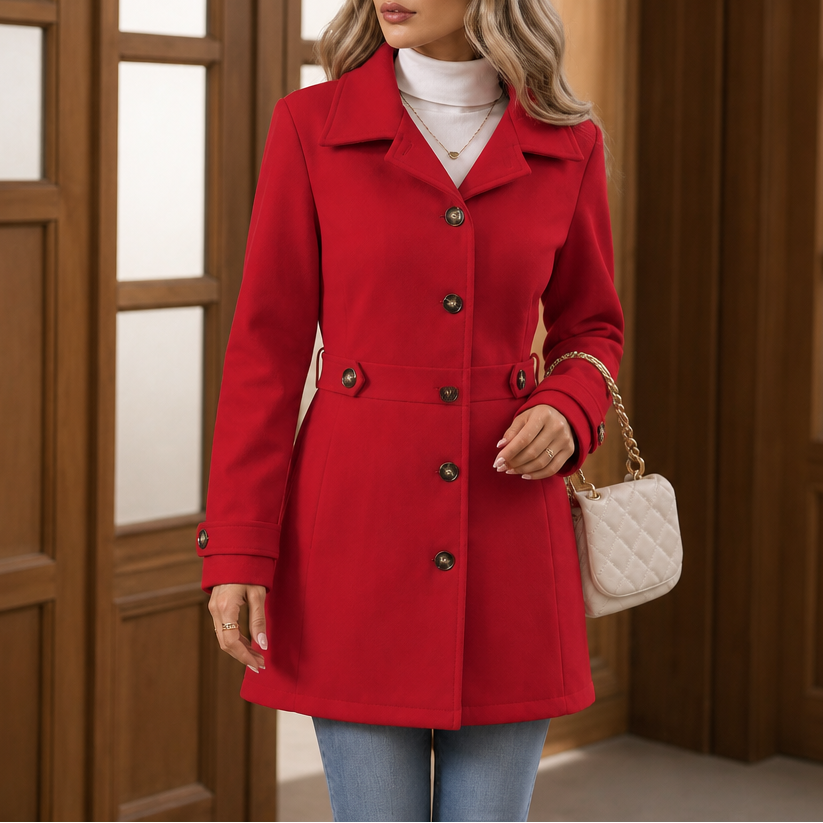 Mantel Damen creme tailliert mit Gürtel und Knopfleiste - 7 - Atelier-Zofia