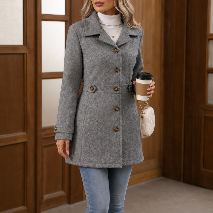 Mantel Damen creme tailliert mit Gürtel und Knopfleiste - 9 - Atelier-Zofia