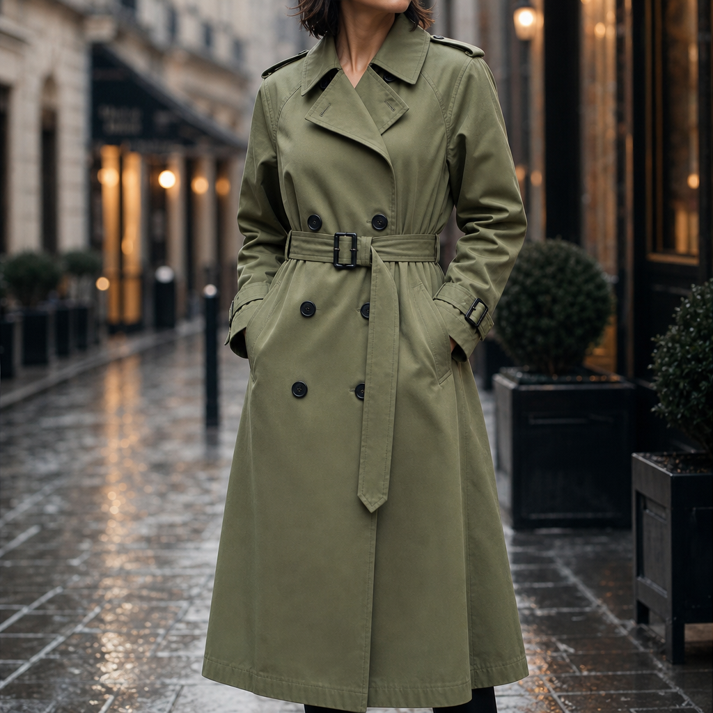 Trenchcoat Damen olivgrün tailliert mit doppelter Knopfleiste - 1 - Atelier-Zofia