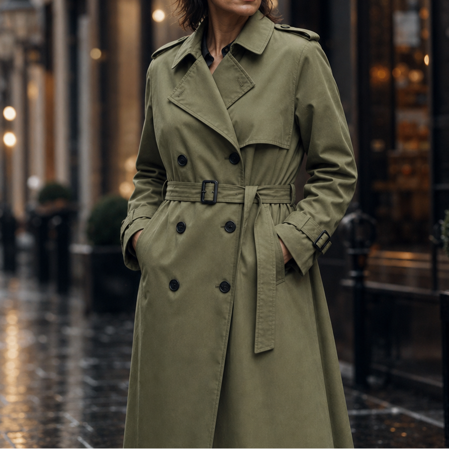 Trenchcoat Damen olivgrün tailliert mit doppelter Knopfleiste - 2 - Atelier-Zofia