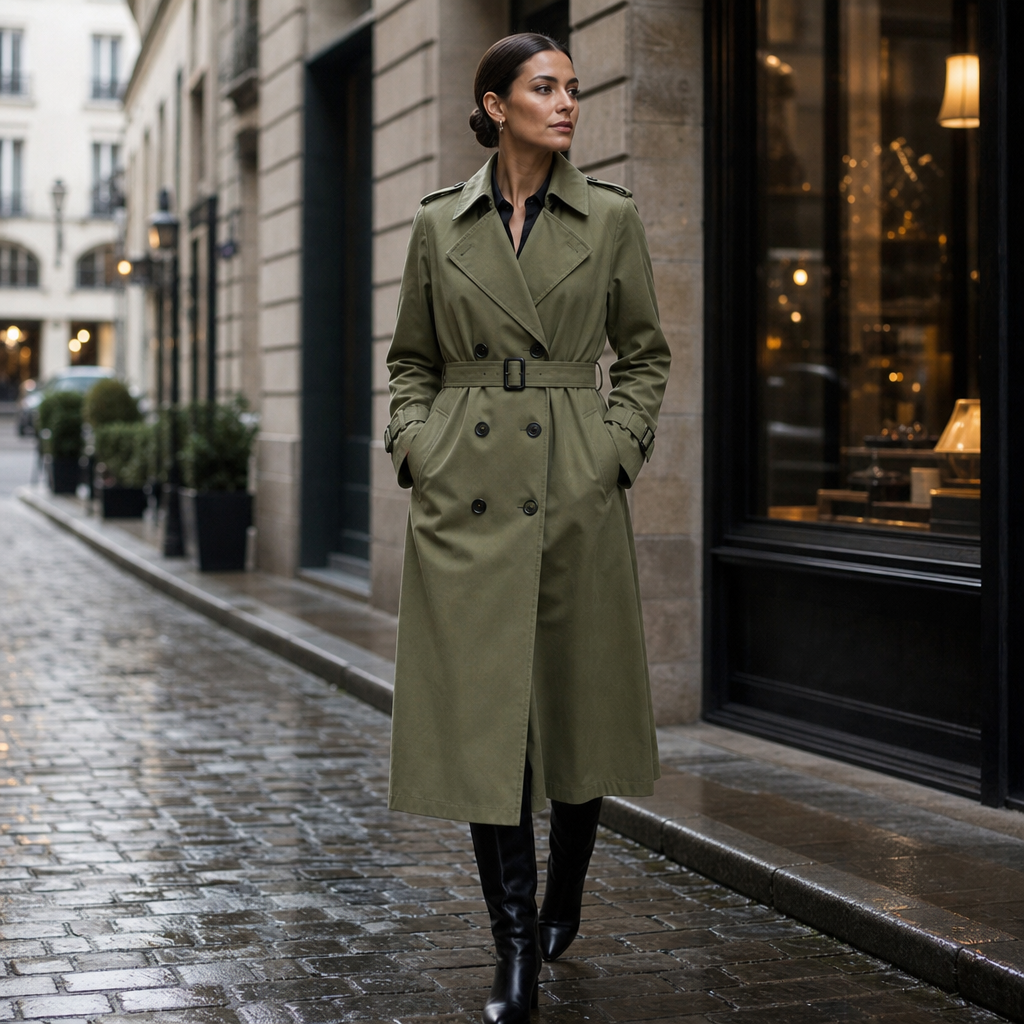 Trenchcoat Damen olivgrün tailliert mit doppelter Knopfleiste - 3 - Atelier-Zofia