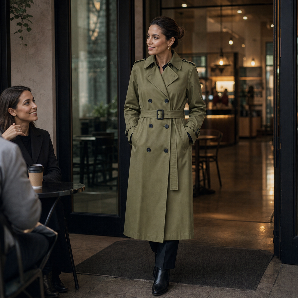 Trenchcoat Damen olivgrün tailliert mit doppelter Knopfleiste - 4 - Atelier-Zofia